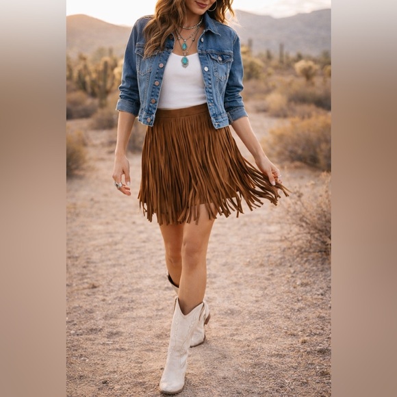 BB Dakota Dresses & Skirts - BB Dakota Faux Suede Fringe Mini Skirt Western Boho Festival Brown Size 0